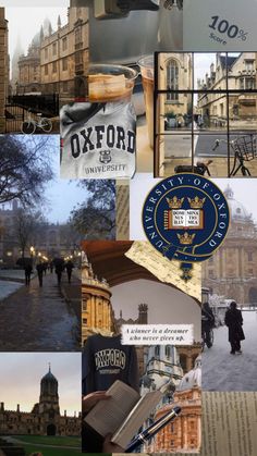 a collage of photos with buildings and people in the background, including an oxford university logo