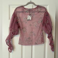 This Fun Blush-Colored Zara Top Is Nwt And Features A Feminine Floral Design With Puffed Sleeves. It Is A Size Small And Comes From A Smoke And Pet Free Home! Pink Sheer Sleeves Blouse For Spring, Pink Blouse With Sheer Sleeves For Spring, Feminine Pink Lantern Sleeve Top, Sheer Lantern Sleeve Tops For Spring, Pink Lantern Sleeve Feminine Tops, Fitted Pink Lantern Sleeve Blouse, Spring Sheer Tops With Puff Sleeves, Pink Long Sleeve Blouse With Sheer Sleeves, Chic Pink Blouse With Floral Embroidery