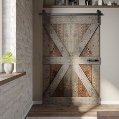 an open wooden door sitting inside of a living room next to a brick wall and floor