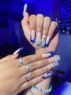 Blue bling prom set 😍 #acrylicnaildesigns  #baddiestyle Blue Nail Designs For Prom, Blue Set Nails, Blue And Silver Nails For Prom, Blue And Silver Nail Designs Prom, Royal Blue Silver Nails, Sapphire Birthday Nails, Blue And Silver Prom Nails Acrylic, Silver And Royal Blue Nails Prom, Blue Birthday Nails Black Women