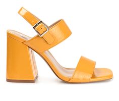 Instantly add a glam finish to any look with the Adras by Journee Collection. This block-heeled strappy sandal features patent vegan leather uppers and an open square toe for a retro look. A padded footbed completes the design for extra comfort. Patent Vegan Leather upper, Double band design, Ankle strap / Adjustable buckle closure, Open / Square toe,4 inch block heel, Padded insole for added comfort, Man-made synthetic outsole | Women's Journee Collection Adras Dress Sandals in Orange Size 9 Me Spring Patent Leather Block Heels For Party, Spring Party Patent Leather Block Heels, Summer Patent Leather Heels With Padded Heel, Chic High Heel Glossy Sandals, Chic High Heel Sandals With Glossy Finish, Chic Patent Leather Block Heel Sandals, Summer Patent Leather Block Heels, Glossy Ankle Strap Heels For Spring, Spring Ankle Strap Heels With Glossy Finish