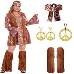 a woman dressed in hippie clothing and boots with peace signs on it's chest