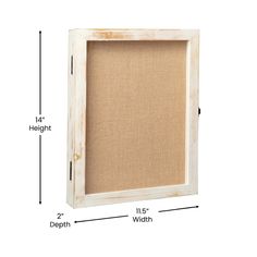 the measurements for an unfinished wooden frame with linen backings on each side and bottom