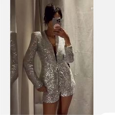 Questions? Leave A Comment Below! Sequin Outfit, Zara Jackets, Silver Sequin, Set Outfit, High Waisted Shorts, Matching Sets, Blazer Suit, Suit Jacket, Sequin