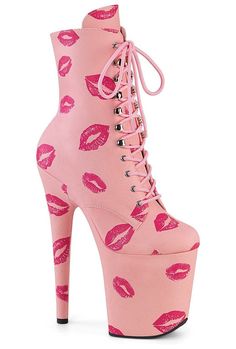 8" Heel, 4" PF Lace-Up Lips Print Ankle Boot, Side Zip - Fit Guide: True to Size - Heel: 8" Heel, 4" Platform - Brand: Pleaser - Country of Origin: Imported Pink Ankle Boots, Crotch Boots, High Heel Stiefel, Light Up Shoes, Gogo Boots, Corsets And Bustiers, Lips Print, Leather Baby, Thigh High Stockings