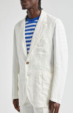 Breathable linen in an off-white hue brings old-school cool to a sport coat that's ideal for any warm-weather occasion. Front button closure Notched lapels Chest patch pocket; front patch pockets Partially lined 100% linen Machine wash, line dry Made in Italy Designer Clothing White Linen Outerwear With Pockets, White Single Breasted Relaxed Fit Outerwear, Casual Single Button Linen Outerwear, Spring White Blazer With Relaxed Fit, Spring White Relaxed Fit Blazer, Casual Sport Coat With Lapel Collar For Summer, Casual Lapel Collar Sport Coat For Summer, Summer Sport Coat With Pockets And Lapel Collar, Casual Single Breasted Sport Coat For Summer