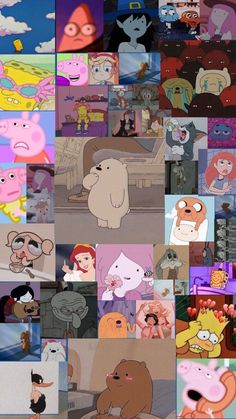 many different cartoon characters are grouped together