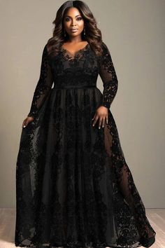 Xpluswear Plus Size Black Wedding Dresses, Black Maid Of Honor Dress, Black Wedding Dresses Plus Size, Black Plus Size Wedding Dress, Plus Size Gala Dress, Plus Size Semi Formal, Lace Maxi Dresses, Black V Neck Long Sleeve, Witch Outfits