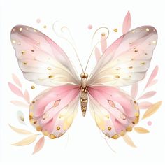 a pink and white butterfly with gold accents on it's wings is flying through the air