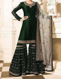 Green Gharara, Roka Ceremony, Indowestern Dresses, Gharara Designs, Bamboo Diy, Desi Fits, Jacket Designs