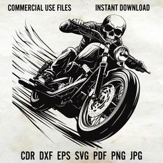 an image of a motorcycle rider with skull on the front wheel and text that reads, commercial use files instant download cdr dxf eps svg png