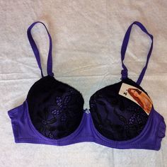 Slightly Padded Cups, Lace Covered Cups With Solid Color Bands, Underwire, 3 Row Clasp Purple Fitted Bra With Removable Pads, Fitted Purple Bra With Removable Pads, Purple Underwire Bra With Removable Pads, Purple Underwire Bra Partially Lined, Purple Underwire Bra With Medium Bust Support, Fitted Purple Bra With Padded Cups, Fitted Lavender Bra With Padded Cups, Purple Push-up Bra With Padded Cups, Fitted Purple Bra Partially Lined