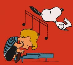 a cartoon character is playing the piano with snoopy and peanuts on red wallpaper