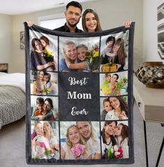 a man and woman holding up a blanket that says best mom ever with photos on it