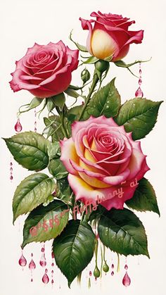 three pink roses with green leaves and water drops