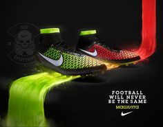 a pair of nike shoes with neon green and red streaming down the side of them