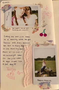 a scrapbook with pictures and words on it, including an image of two women