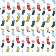 an image of christmas stockings and cats on white fabric with red, green, blue, and yellow stocking