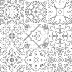 a set of nine hand drawn tile designs in black and white, each with different shapes