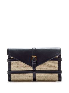 beige/black raffia envelope design leather trim gold-tone hardware decorative buckle detail foldover top with magnetic fastening main compartment Designer Beige Clutch With Detachable Strap, Designer Envelope Clutch For Travel, Designer Travel Envelope Clutch, Office Clutch With Fold Over Clasp, Rectangular Office Clutch With Fold Over Clasp, Designer Travel Clutch With Gold-tone Hardware, Beige Clutch With Magnetic Closure For Formal Events, Formal Beige Clutch With Magnetic Closure, Chic Beige Clutch For Office