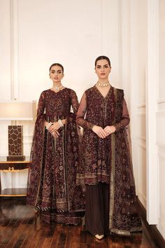 Chocolate Brown Embroidered Sharara Kameez Wedding Dress Brown Indian Suit, Net Sleeves, Embroidered Sharara, Organza Sleeves, Pakistani Wedding Dress, Chiffon Collection, Embroidered Sleeves, Luxe Wedding, Silk Trousers