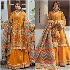 A mustard colored organza shirt has zari and resham embroideries inspired from Mughal miniature florals in the shades of feroza and blush pink. It is hand embellished with dabka, gotta, cutdana to bring the shirt to life. The sharara has a generous spray of florals and a composed border. The dupatta is a tircha patti of feroza, blush pink and mustard and embroidered with tilla and resham. Brand : Mohsin Naveed Ranjha Code :  07-Henna Unstitched Fabric Details : Embellished Front & Back (Organza) Embellished Sleeves (Organza) Embroidered laser cut dupatta (Organza) Embroidered Dupatta Border (Organza) Embroidered Garara (Organza) Replicate Designs  by Libaas Khaas