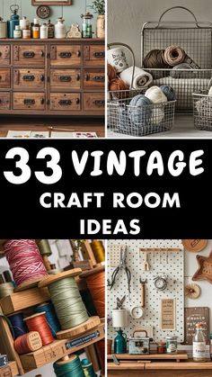 vintage craft room ideas with lots of different items on the shelves and in bins