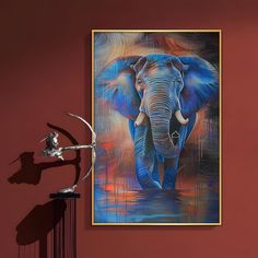 an elephant is shown on the wall next to a metal sculpture and red painted walls