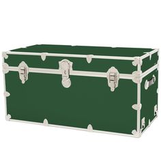 the trunk is green with white trimmings and has two handles on each side