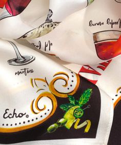 BACK IN STOCK!A delightfully retro print for the the sophisticated partygoer, this silk bandana goes great in your hair, tied around the wrist, or hung behind the bar for mixology inspiration. Bottoms up! Dimensions: ﻿21 in. x 21 in.﻿Materials: ﻿100% silk﻿Made in: ﻿China Chic Silk Scarf For Party, Chic Silk Party Scarf, Elegant White Silk Scarf For Party, Black Silk Scarf For Summer Gift, Elegant White Bandana Scarf, Black Silk Scarf As Summer Gift, Elegant Silk Scarf For Summer Party, Elegant White Bandana, Summer Party Bandana