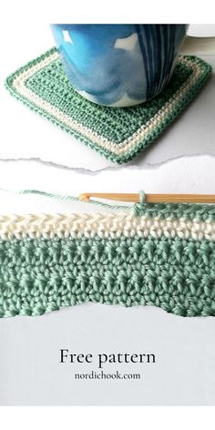 the crocheted placemats are next to a blue bowl on a white table