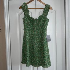 Ke.Ned.Ik New Dress With Tags Never Worn Casual Green Mini Dress With Floral Print, Casual Green Floral Print Mini Dress, Green Floral Print Casual Mini Dress, Cute Green Mini Dress For Vacation, Fitted Green Mini Sundress, Green Lined Mini Dress For Garden Party, Lined Green Mini Dress For Garden Party, Cute Green Dress For Brunch, Casual Green Lined Mini Dress