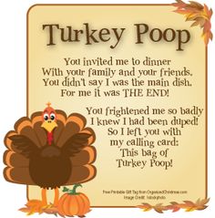 a thanksgiving card with a turkey poop on it's front and bottom corner