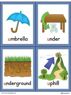 four different pictures with the words umbrella, under ground, upside down and uphill