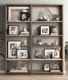 an open bookcase filled with pictures and photos