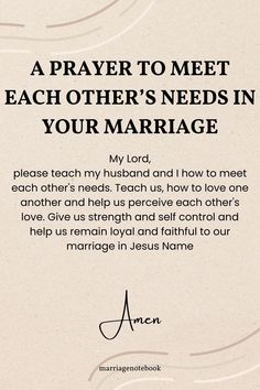 a prayer card with the words, a prayer to meet each other's needs in your marriage