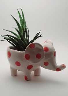 a ceramic elephant planter with red polka dots on it's body and an aloei in its trunk