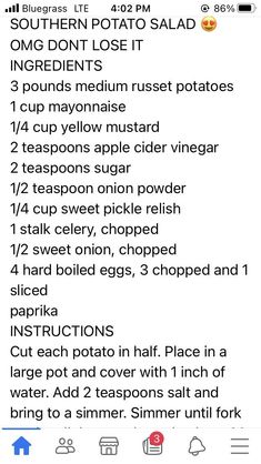 an iphone screen showing the instructions for how to make potato salads and other ingredients