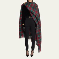 Saint Laurent tartan draped cape scarf Oversized fit May be style multiple ways Frayed hem Mohair/wool Professional cleaning recommended Made in Italy Mcqueen Tartan, Tartan Shawl, Cape Scarf, Character Aesthetics, Wool Cape, Oversized Scarf, Mohair Wool, Professional Cleaning, Oversized Fits