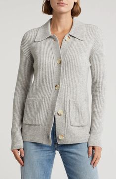 Bobeau Collared Rib Cardigan | Nordstromrack Knit Outerwear With Ribbed Collar For Work, Fitted Button-up Polo Sweater For Fall, Fitted Button-up Cardigan With Ribbed Collar, Fitted Soft Knit Cardigan For Work, Knit Button-up Polo Sweater For Work, Cozy Knit Polo Sweater For Work, Collared Winter Cardigan For Layering, Collared Knit Cardigan For Work, Winter Collared Cardigan For Layering