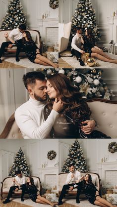 a man and woman sitting on a couch in front of a christmas tree with presents