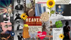 collage of photos with sunflowers, guitar, and other things in them