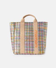 The PETITE SUNDAY TOTE by MOMONI is a textured Spring Canvas Bags With Braided Handles, Travel Cotton Straw Bag, Woven, Travel Woven Cotton Straw Bag, Woven Cotton Straw Bag For Travel, Modern Multicolor Spring Bags, Large Capacity Multicolor Bag For Weekend, Multicolor Large Capacity Bags For Weekend, Large Capacity Multicolor Weekend Bags, Casual Multicolor Beach Bag For Weekend