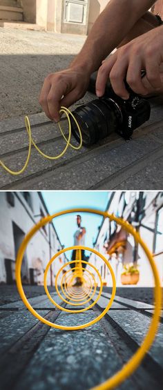 a man holding a camera next to a yellow spiral on the ground and another photo of a person with a camera