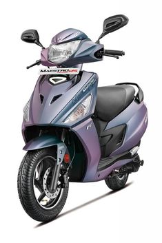 a purple motorcycle parked on top of a white floor