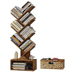 a bookshelf made out of wooden boards and stacked with books