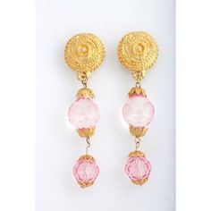 This is part of Chairish’s Costume Jewelry assortment.  Bright "gold" swirl button earrings with double pink faceted lucite hanging balls. Elegant Pink Drop Plug Earrings, Button Earrings, Bright Gold, Accessories Jewelry Earrings, Costume Jewelry, Swirl, Gold Tones, Dangle Earrings, Gold