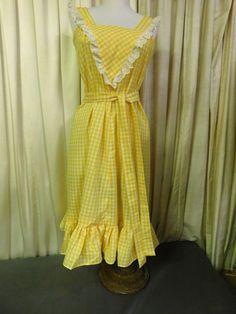 Vintage Handmade Yellow Gingham Sun Dress W/ Tie Picnic Gingham Dress With Ruffles, Gingham Dress With Ruffles For Picnic, Gingham Dresses With Ruffles For Picnic, Plaid Ruffled Dress For Picnic, Gingham Ruffled Dress For Daywear, Gingham Dress With Ruffles For Daywear, Gingham Ruffle Dress For Daywear, Retro Gingham Plaid Spring Dress, Retro Gingham Plaid Dress For Spring