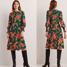 New With Tags, In A Flattering Fit-And-Flare Silhouette, This Midi Dress By Boden Is Printed With Pretty Florals For Added Charm. With A Round Neckline And Long Sleeves, This Piece Is A Care-Free Option For Daytime Dressing. Washing Instructions - Machine Washable At 30c Sleeve Type - Long Sleeve Dress Shape - Fit And Flare Garment Length - Midi Neckline - Round Neck Brand - Boden Material Type - Viscose Pattern Details - Floral Composition - 56% Viscose (Lenzing Ecovero) 44% Viscose. Bodice Lin Green Long Sleeve Dress With Smocked Cuffs, Green Dress With Smocked Back For Fall, Green Midi Dress With Ruffle Hem For Fall, Green Midi Dress With Smocked Cuffs, Floral Composition, Womens Wrap Dress, Striped Linen Shirt, Boden Women, Olive Green Dresses