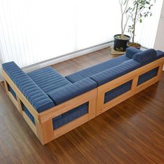 a blue couch sitting on top of a wooden floor next to a potted plant